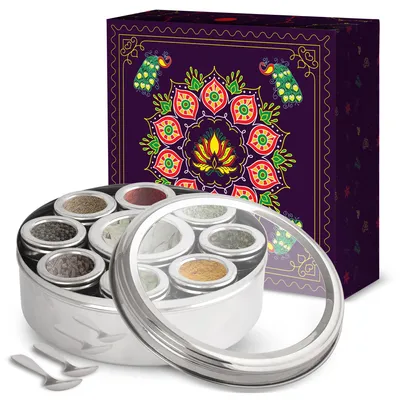 Produktbild von Großes Masala-Dabba-Gewürzglas mit 9 Fächern, Edelstahl, indisches Masala-Dabba mit transparentem Deckel, 22 cm