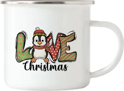Produktbild von Love Christmas Emaille-Tasse Geschenkidee Weihnachts-Fans Pinguin-Motiv für Weihnachten für Kinder Familie