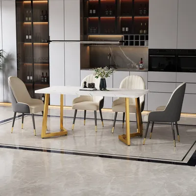 A dining room scene with a marble-look table and chairs.