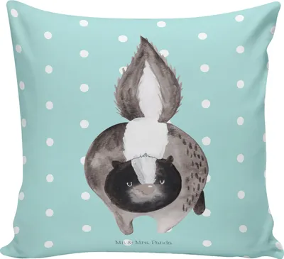 Produktbild von Mr. & Mrs. Panda Sofa Kissen Stinktier Angriff - Türkis Pastell - Geschenk, kuschelkissen 40x40, für couch, Drohung, Wildtier, Bedrucktes, Skunk, Raubtier, Sofakissen