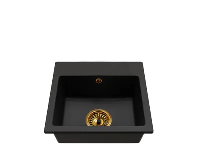 Produktbild von Granitspüle Einbeckig DON – Schwarz – Goldener Syphon