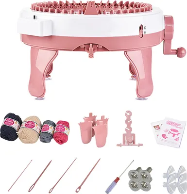 A knitting machine and its accessories are displayed on a white background.