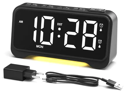 LED-Wekker mit großen Ziffern, Doppelalarm, USB-C, schwarz