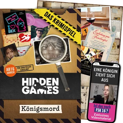 A collage of images related to a crime game, including game components, a phone screen with a video, and promotional text.