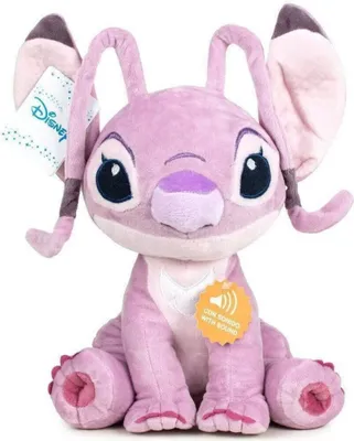 A pink plush toy of the Disney character Angel is sitting on a white background.