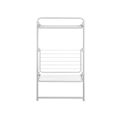 A white drying rack with multiple shelves.