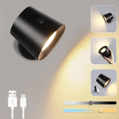 Image de ZMH Applique murale LED Noir 1ER Intérieur Lampe murale Batterie Touch Control 360° Rotation 3 niveaux de luminosité Sans fil Pour enfants Salon Chambre Couloir