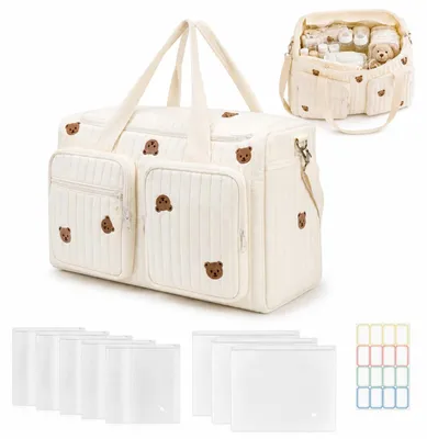 Immagine prodotto di Borsa organizer per pannolini, con ricamo a forma di orso, dimensioni 48x26x22 cm, ideale per accessori per bambini