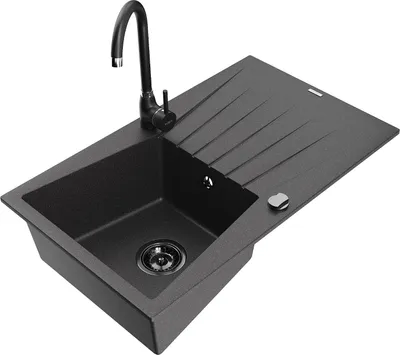 Produktbild von Mexen Cesar 1 Becken-Granitspüle mit Abtropffläche und Mischbatterie Telma, Schwarz gesprenkelt - 6514-76-670200-70-B