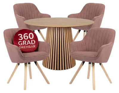 Produktbild von Mr. Deko Esszimmer Set Matera Rosé mit rundem Esstisch Oria Ø120 cm Eiche