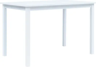 A white wooden dining table shown from the front.