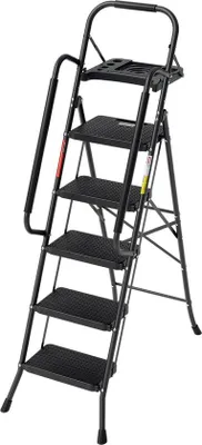Productafbeelding van Opklapbare 5-treden trap. Opklapbare stalen trap, geschikt tot 150 kg. Opklapbare trap met afneembare armleuningen. Opklapbare trap met antislip voetsteunen
