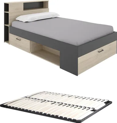 Produktbild von Bett mit Kopfteil, Stauraum & Schubladen - 120 x 190 cm - Holzfarben & Anthrazit + Lattenrost - LEANDRE