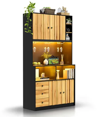Produktbild von 180 cm Küchenschrank, Hochschrank mit LED, Küchenregal mit Steckdose, Weinregal und Vitrine für Küche & Esszimmer