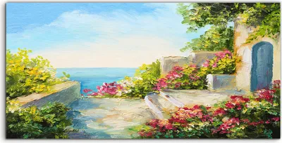 Produktbild von Coloray Glasbild 140x70  Wandbild Glasbilder Kunst Malerei Haus am Meer bunte Blume
