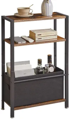Produktbild von Unyqoos® Schlanker industrieller Beistelltisch mit Aufbewahrungskorb, Retro-Braun, MDF und Metallrahmen, 40×18×64 cm, tragfähig bis 200 Pfund