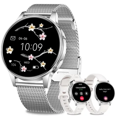 Produktbild von Smartwatch Damen Rund HD mit Telefonfunktion HD‑Bildschirm und individuelle Zifferblätter Silber