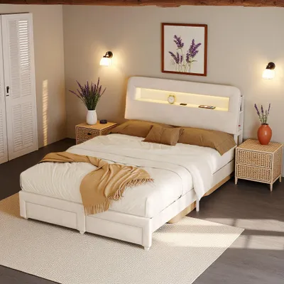 Immagine prodotto di Letto imbottito UnboxG 140×200 cm in beige, velluto - letto contenitore con illuminazione a LED, connessione USB e cassetti