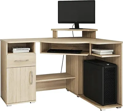 A corner computer desk with a monitor, keyboard, computer tower, and storage compartments.