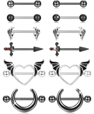 Immagine prodotto di 6 paia di piercing per capezzoli, calibro 14G, acciaio chirurgico, oro, argento, nero, rosso, rosa, blu, a forma di cuore o farfalla, set di anelli e barre per capezzoli, gioielli da donna