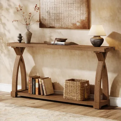 Productafbeelding van Consolidetafel van massief hout voor de entree, 160 cm breed, lange salontafel voor achter de bank met een opbergruimte in twee niveaus, geschikt voor de hal of foyer, kleur: koffiebruin