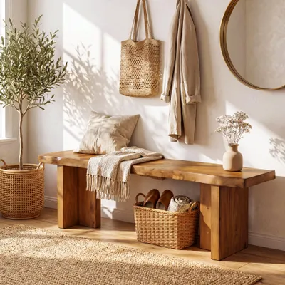 Produktbild von 140 cm Holzbank für den Eingangsbereich, Schuhbank Massivholz für Eingangsbereich, Bettbank für Schlafzimmer, für den Eingangsbereich, den Flur, Braun