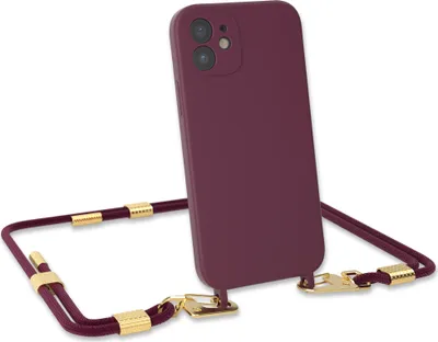 Produktbild von EAZY CASE Handykette Silikon mit Clips 2 in 1 kompatibel mit Apple iPhone 12 Handyhülle mit Umhängeband, Handykordel mit Silikon, Hülle mit Band, Beeren Rot - Clips Gold