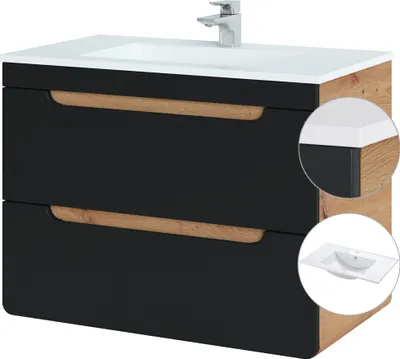 Produktbild von Waschtischunterschrank 80 cm mit Keramik-Becken NEW-LUTON in seidenmatt anthrazit mit Wotan Eiche Nb., B/H/T ca. 81/60,8/46 cm