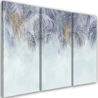 Produktbild von Triptychon auf leinwand palmenblätter 60x40 cm Feeby lila wandbild bereit zum aufhängen