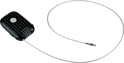 A black combination lock with a silver cable is shown against a white background.