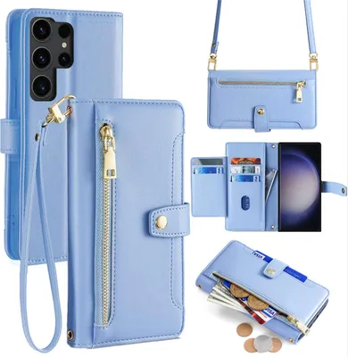 Produktbild von Handykette Samsung Hülle mit Band Handyhülle Kartenfächer Kunstleder Umhängetasche Galaxy S23 Ultra Hellblau