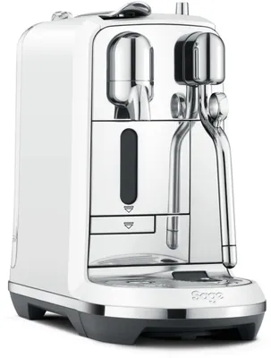 A white and silver espresso machine on a white background.