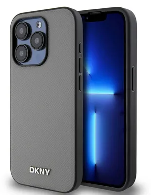 Obrázok produktu pre DKNYPolyuretánkožený kryt so strieborným kovovým logom MagSafe pre iPhone 15 Pro Max sivý (DKHMP15XPGHLMS)