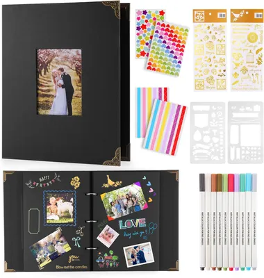 Productafbeelding van Fotoalbum Ringband - Scrapbook Album - Herinneringen n - Inclusief Metallic Pennen - 60 Pagina's - Zwart