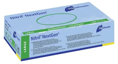 Produktbild von Meditrade Nitril Handschuhe NextGen® EN 455, puderfrei, blau, 100 Stk. - L / Blau - 4250016471325 | Packung (100 Handschuhe)
