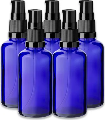 Produktbild von 5x Blaue Glasflasche 50 ml mit schwarzer Pumpe und Schutzkappe Spender