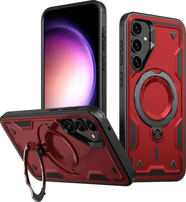 Produktbild von Dual Layer Hülle für Samsung Galaxy S23 FE Metall Ring Ständer Magnetisch Stoßfest Militär Handyhülle Rot