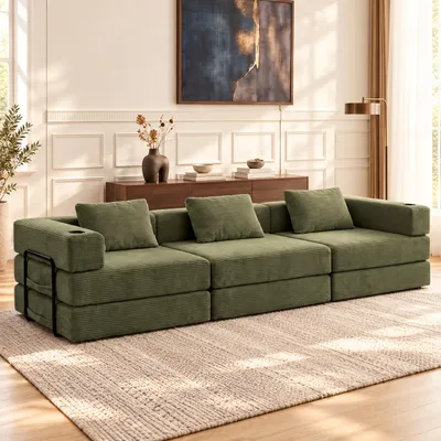 Produktbild von Modulares Cord-Sofa 3-Sitzer in Olivgrün Wohnlandschaft mit Getränkehalter & Metallrahmen, Flauschiges Cord-Sofa für Wohnzimmer,Modernes U-Sofa
