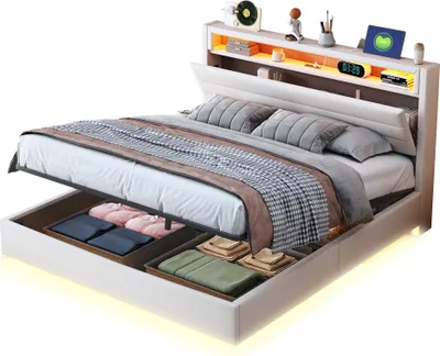 Produktbild von Polsterbett 140x200cm (Mit Matratze) Beige Hydraulisch Stauraum Mit USB und LED