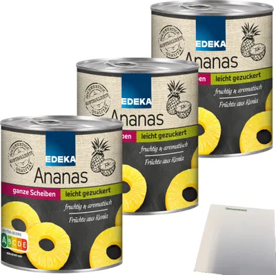 Produktbild von Edeka Ananas ganze Scheiben leicht gezuckert fruchtig aromatisch 3er Pack (3x567g Dose) + usy Block