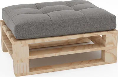 A close-up view of a pallet ottoman with a gray cushion on a white background.