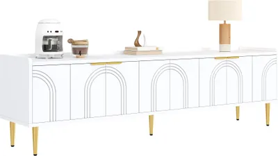 Immagine prodotto di Mobile TV Fortuna Lai, mobile basso con ante strutturate, mobili TV, maniglie e piedini dorati, 170 L x 35 P x 47,5 A (cm)