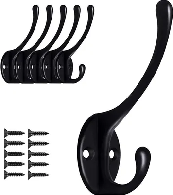 Image de TOJ Living Crochet mural - Set de 5 crochets - Porte-manteaux - Crochet pour vêtements à fixer au mur - Avec vis - Acier inoxydable - Noir
