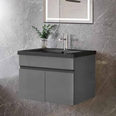 Produktbild von 60cm Schwarz Mineralguss Waschtisch mit Unterschrank Badmöbel Set mit Türs Soft-close - Hochglanz Anthrazit