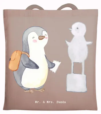 Produktbild von Mr. & Mrs. Panda Tote Bag Pinguin Museum besuchen - Braun Pastell - Geschenk, Museen, Tasche, Stoffbeutel, Tragetasche, Einkaufstasche, Shopping