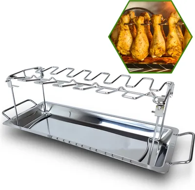 Obrázek produktu pro Gardenko stojan na kuřecí stehna do trouby a grilu z nerezové oceli s odkapávacím zásobníkem, Skládací rošt na 14 kusů pro rovnoměrné pečení drůbeže