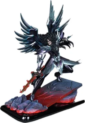A figurine of a character with wings and a sword, standing on a base with rocks and red glowing elements.