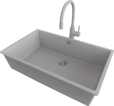 Produktbild von PRIMAGRAN Unterbauspüle Granit Grau 76x47cm, Spülbecken 1 Becken + Küchenarmatur 38x14cm + Ablauf-Set, Granitspüle ab 80er Unterschrank - London