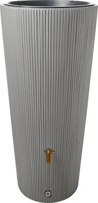 A tall, ribbed rain barrel with a spigot near the bottom, set against a white background.