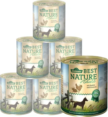 Produktbild von Dehner Best Nature Hundefutter, Nassfutter getreidefrei, für ausgewachsene Hunde, Huhn / Kaninchen / Nudeln, 6 x 800 g Dose (4.8 kg)